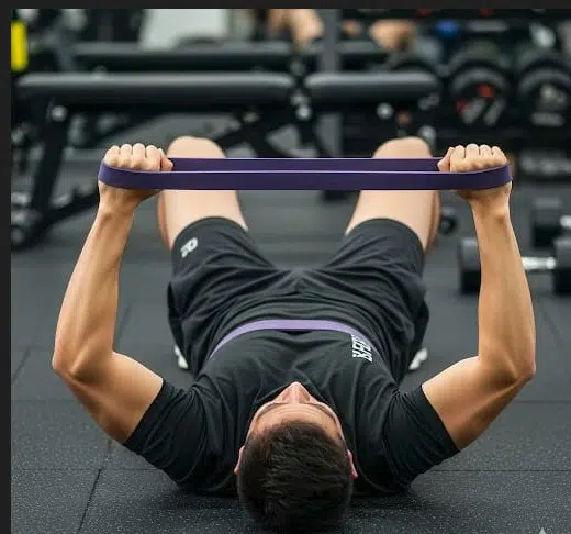 Exercise band chest workout.